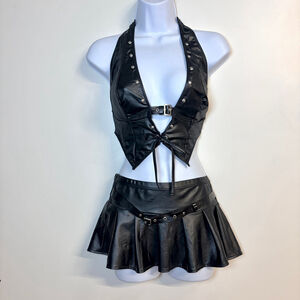 Women's Black Faux Leather Halter Top & Mini Skirt Set Medium/Large Lingerie